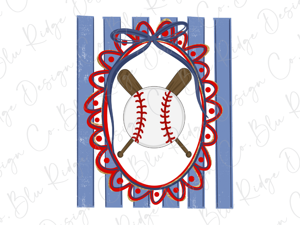 a baseball bat and ball, framed within a decorative border of blue and red stripes.