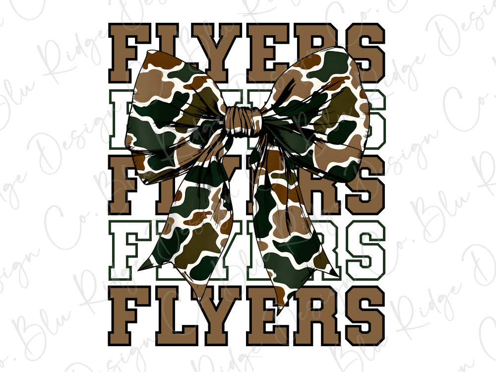 A camouflage bow is prominently displayed in the center of the image, surrounded by the text "FLYERS FLYERS" in a bold, capitalized font.