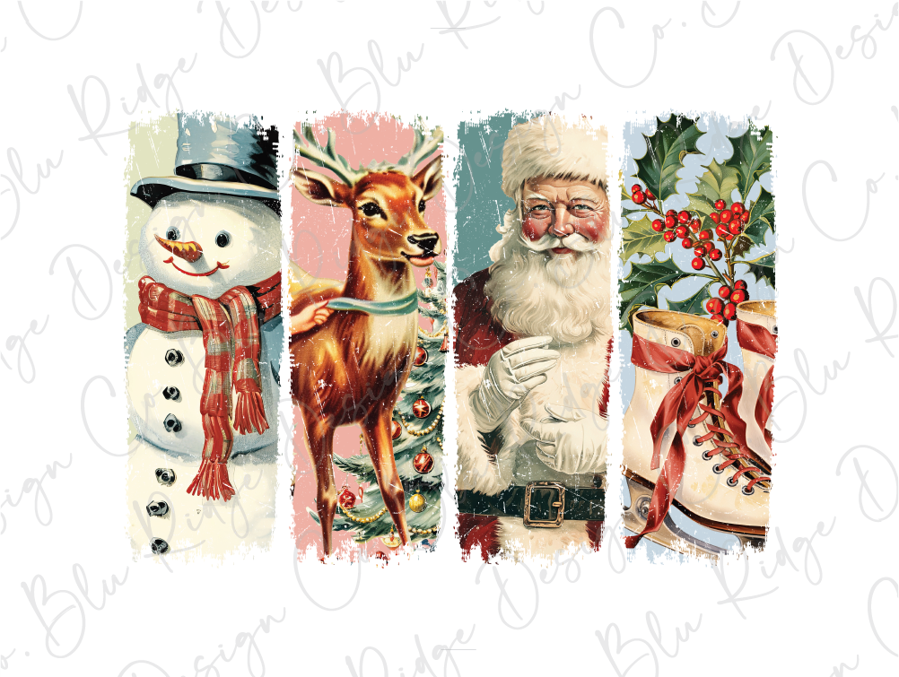 a group of christmas cards with santa claus and snowmen