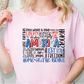 a woman wearing a pink t - shirt with the words america printed on it