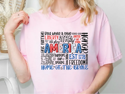 a woman wearing a pink t - shirt with the words america printed on it