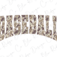 the word "BASEBALL" in a camouflage pattern, with the letters arranged in a curved manner.