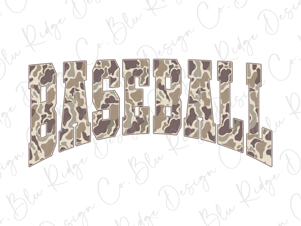 the word "BASEBALL" in a camouflage pattern, with the letters arranged in a curved manner.