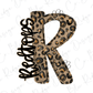 A stylized letter 'R' with a leopard print pattern, featuring the word "Redtops" written in a cursive font.