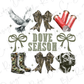 The image is a collage featuring various elements related to the word "Dove Season", including a bird, a bow, a dog, and some hunting gear.