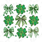 nine green shamrocks with various green and white striped bows, arranged in a 3x3 grid.