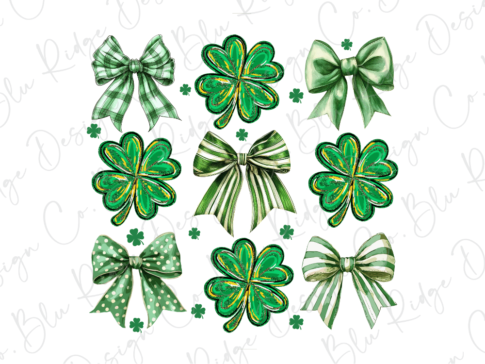 nine green shamrocks with various green and white striped bows, arranged in a 3x3 grid.