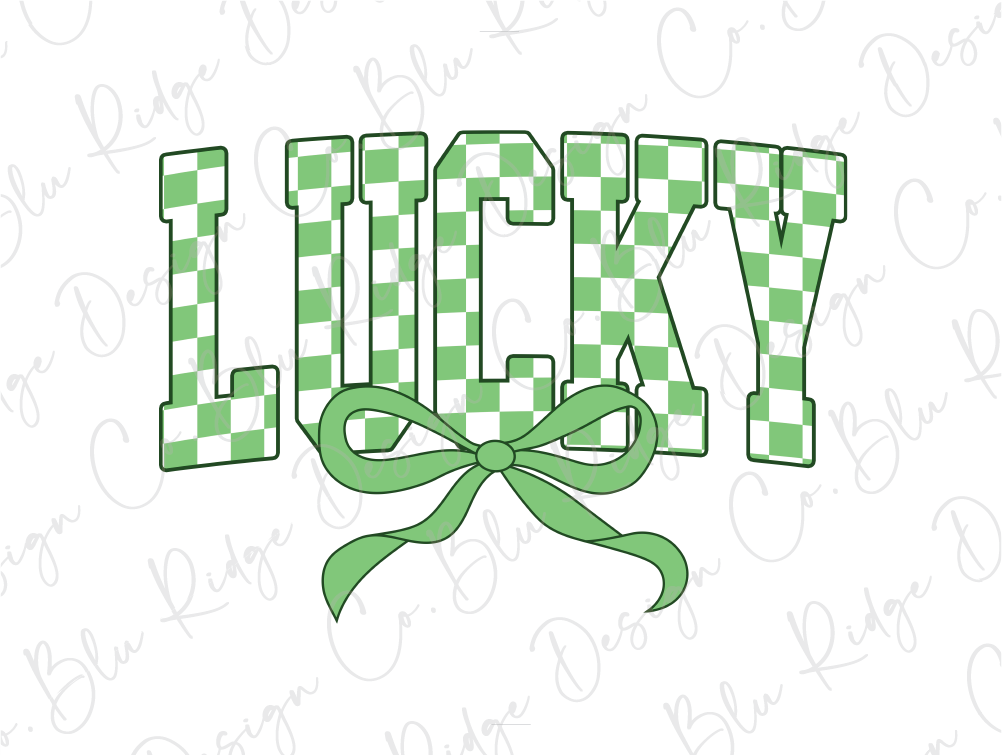 the word lucky with a green bow on it