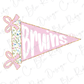 A pink triangular flag with the word "Bruns" written on it, along with two pink bows.
