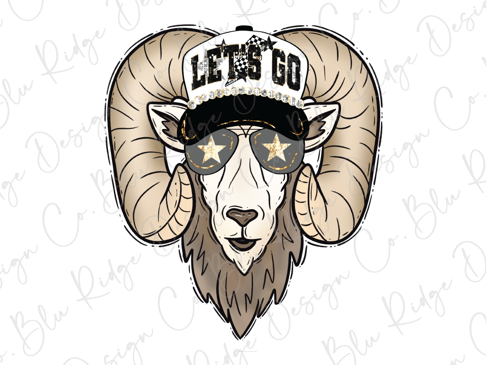 A stylized illustration of a ram wearing a hat with the text "LET'S GO" and sunglasses.