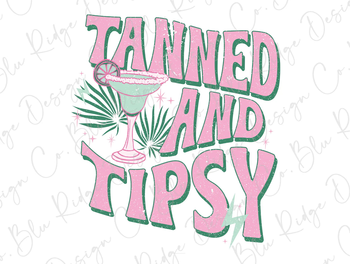 a pink and green drink with the words trained and tipsy