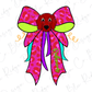 A colorful illustration of a dog wearing a large pink bow with a leopard print pattern.
