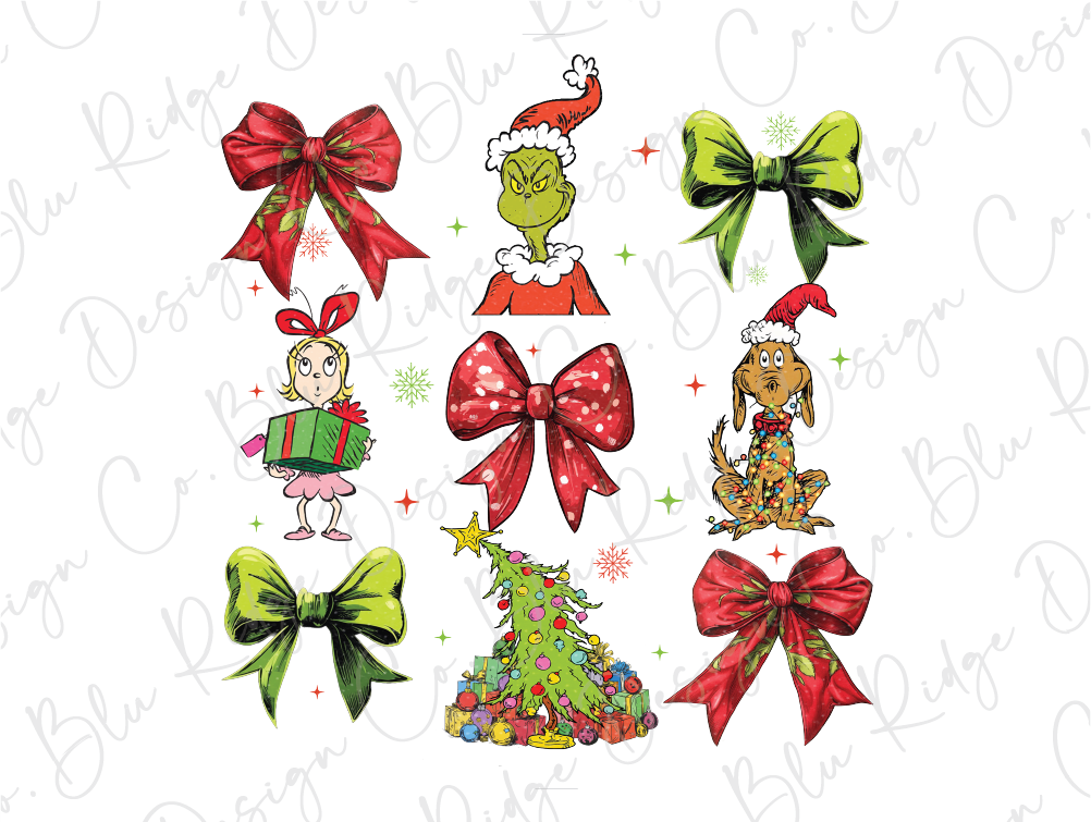 a bunch of christmas bows and a grin on a white background