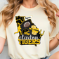 A woman wearing a white t-shirt with a graphic design featuring various sports-related icons and text.