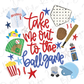 The image is a collage of various baseball-related items, including a baseball jersey, a baseball bat, a baseball glove, a baseball, and a popcorn bucket, along with the text "Take me out to the ballgame".