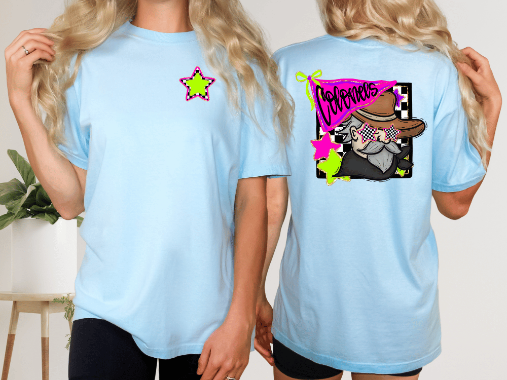 two different views of a woman wearing a light blue t-shirt with a graphic design on the back.