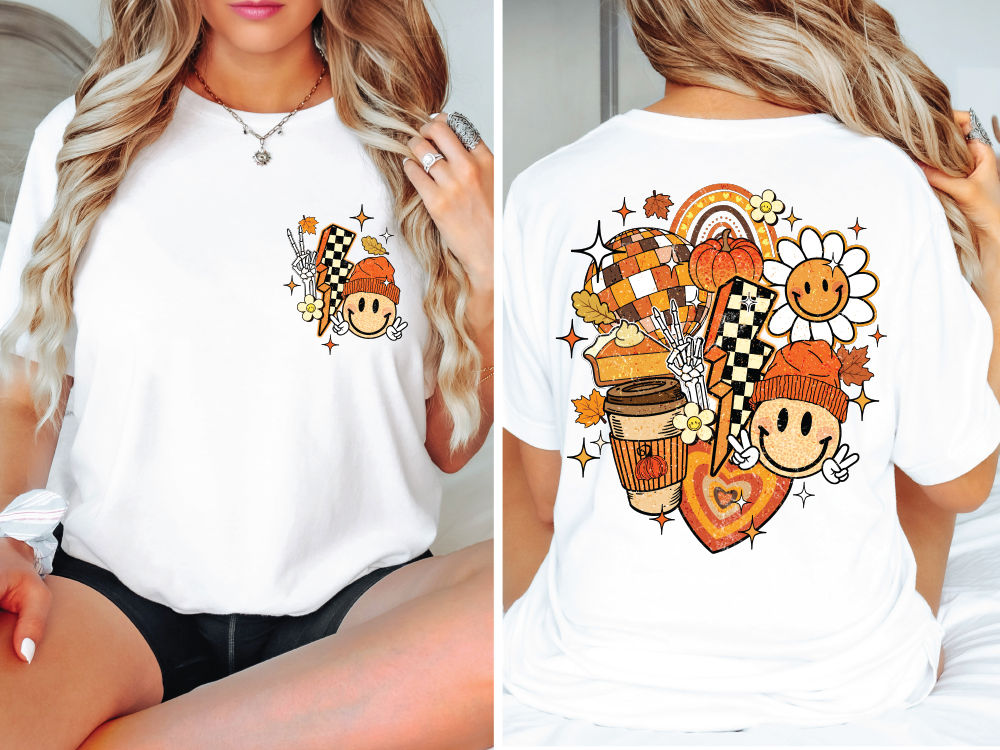 Retro Groovy Fall Latte Smiley Collage Graphic T-Shirt