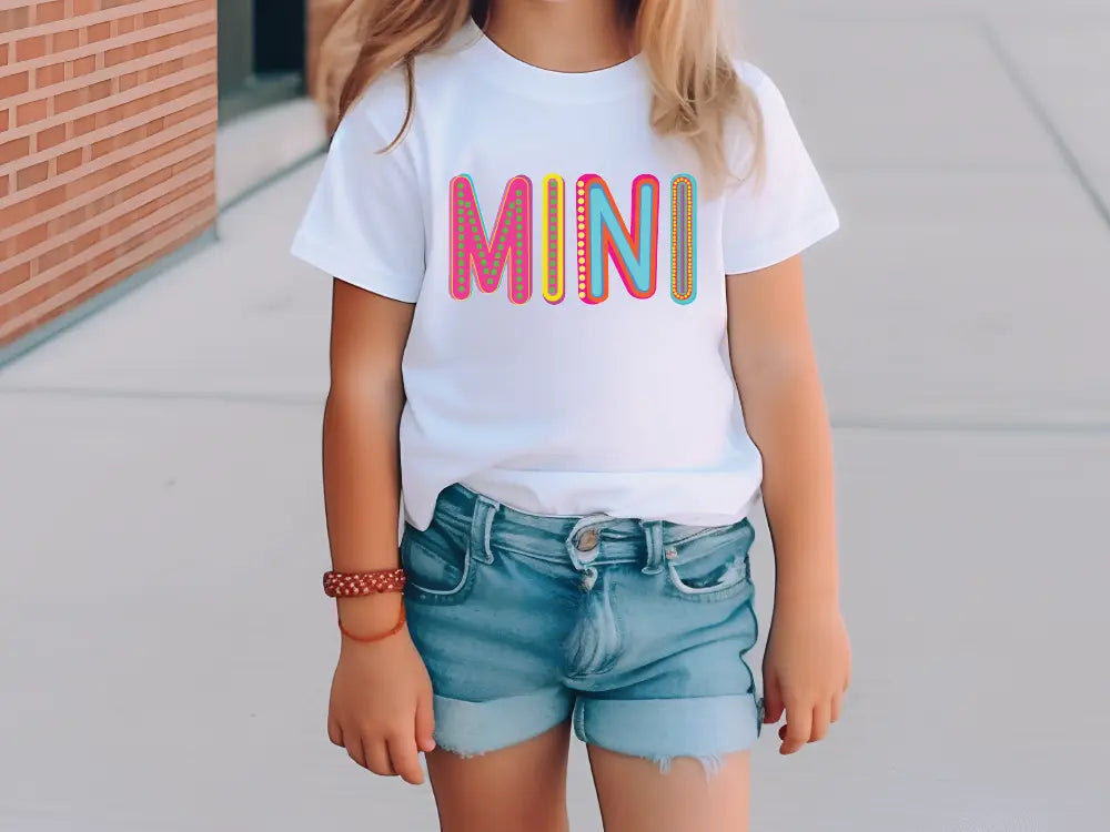 a little girl wearing a white shirt with the word mini on it