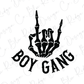 a black and white image of a hand that says boy gang