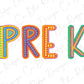 the word prek is made up of multicolored letters