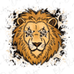 A stylized illustration of a lion's head with a star-shaped eye and a leopard print pattern around the eyes.