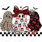 three ghost characters with distinct patterns and designs, including leopard print, red and white polka dots, and black and white stripes. The ghost characters are arranged in a row, with one on the left, one in the middle, and one on the right. The background of the image is white, and there are bats and stars scattered throughout the scene.