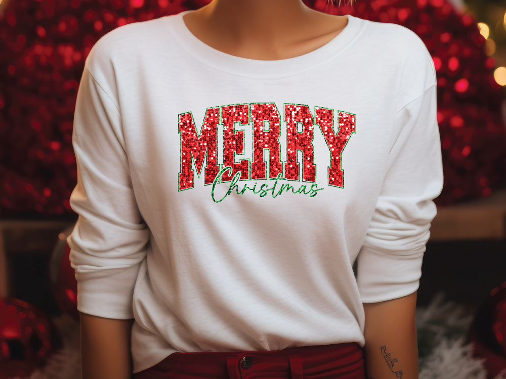 Merry Christmas Faux Glitter Graphic T-Shirt