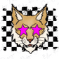 A cartoon-style illustration of a cat with large pink star-shaped eyes, set against a black and white checkered background.