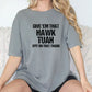 a woman sitting on a couch wearing a t - shirt that says give em that