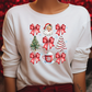 a woman wearing a christmas sweater with a santa clause on it