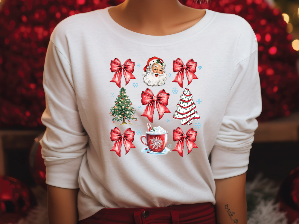 a woman wearing a christmas sweater with a santa clause on it