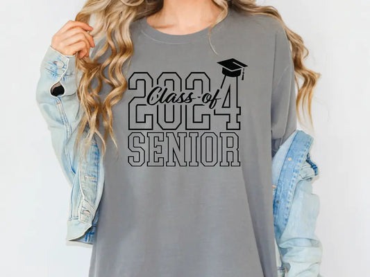 a woman wearing a gray shirt that says class of 2014 senior