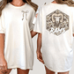 two different views of a white t-shirt with a graphic design on the back.