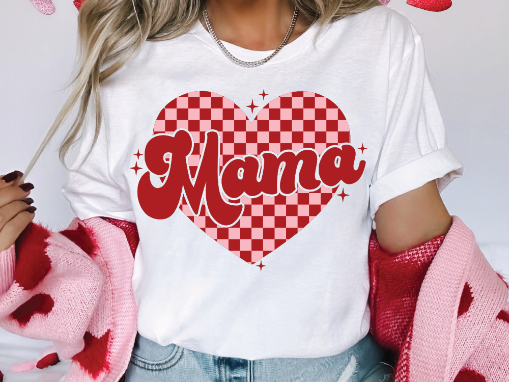 Mama Pink Checkered Heart Graphic T-Shirt