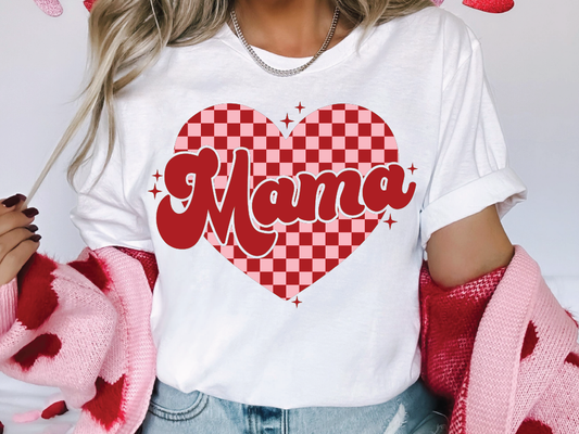 Mama Pink Checkered Heart Graphic T-Shirt