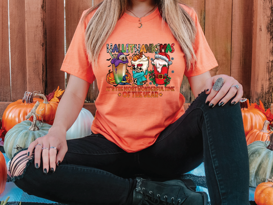 HappyHalloThanksMas Christmas Halloween Thanksgiving Coffee Graphic T-Shirt