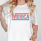 a woman wearing a white shirt with the word america printed on it