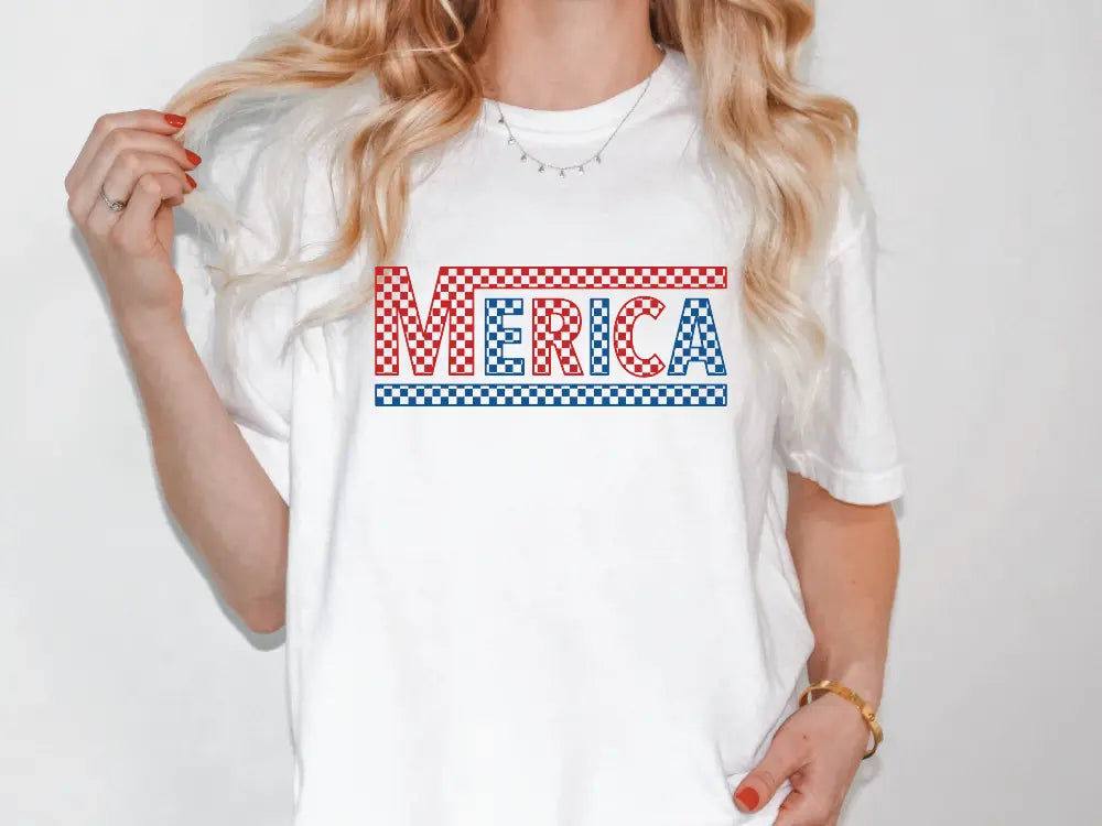 a woman wearing a white shirt with the word america printed on it