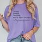 a woman wearing a purple shirt that says inner peace begins with four words