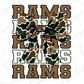 a large camouflage bow with the word "RAMS" written in a stylized font below it.