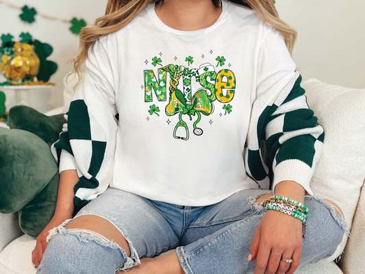 a woman sitting on a couch wearing a st patrick's day shirt