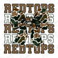 A camouflage bow is prominently displayed in the center of the image, surrounded by the repeated text "REDTOPS" in a stylized font.