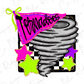 a stylized representation of a tornadoes, with a pink flag displaying the word "Tornadoes" and colorful stars surrounding the tornadoes.