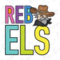 a cartoon cowboy wearing a hat and scarf, with the word "REBEL" written in large letters below him.