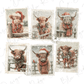 A collage of six postage stamps featuring a cow wearing a Santa hat and scarf, with each stamp depicting a different cow in a winter setting.