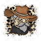 A stylized illustration of a man wearing a cowboy hat and a bandana, with a leopard print pattern surrounding him.