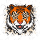 A stylized illustration of a tiger's face with leopard print eyes and a star-shaped nose, surrounded by splatter-like elements.