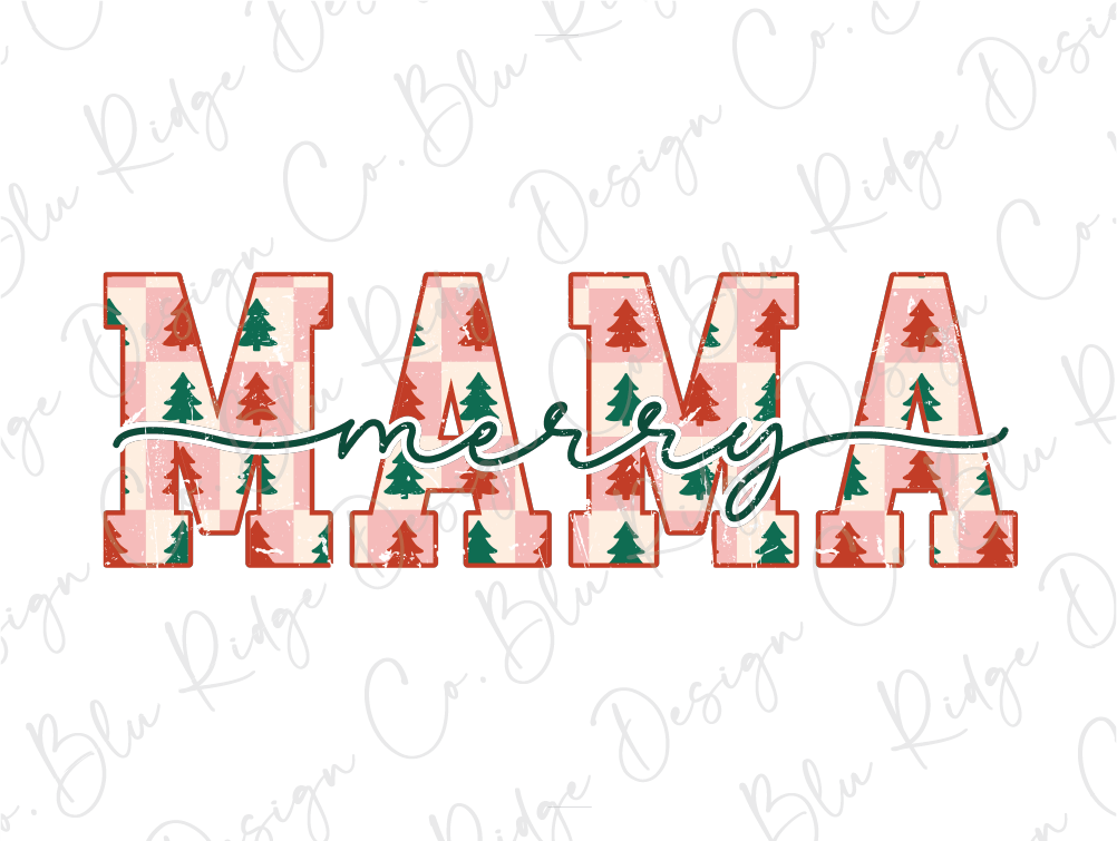 the word mama merry with christmas trees on it