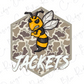 A cartoon bee with a yellow body and black stripes, wearing a black and white striped jacket, is depicted against a camouflage pattern. The word "JACKETS" is written below the bee.