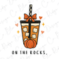 A cartoon illustration of a pumpkin with a bow, accompanied by the text "ON THE ROCKS."